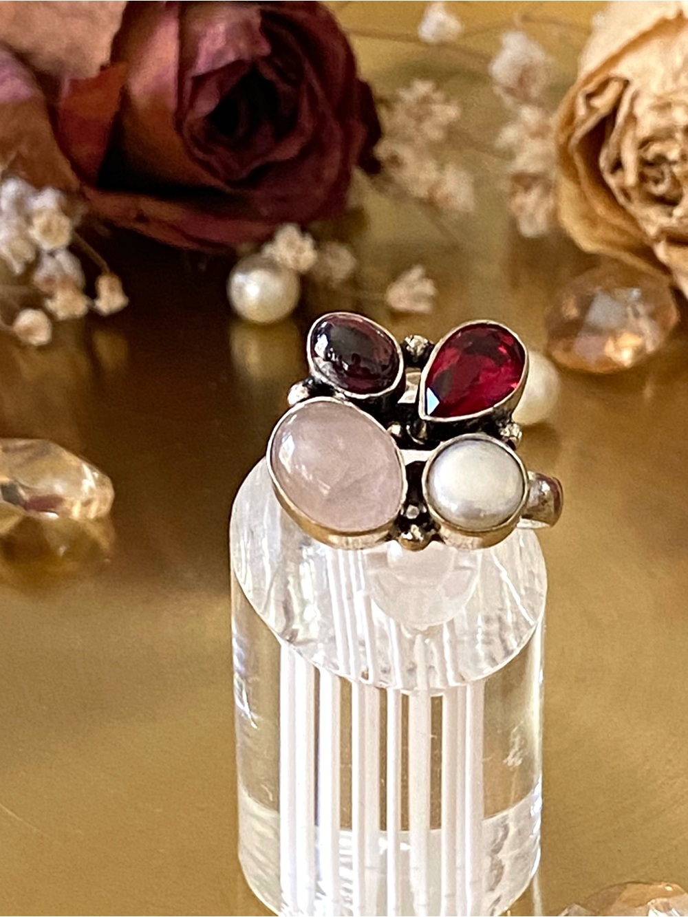 Rose Quartz, Pearl And Garnet Adjustable Ring
